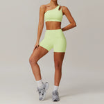 One-shoulder shorts light yellow and green