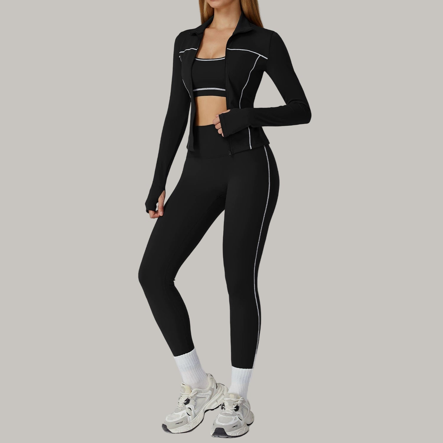 Ensemble 3 Pièces Contraste avec Veste Zippée